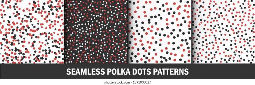 Set of multicolored polka dots patterns. Graphic stylish seamless vector backgrounds. Collection of classic red and black colored patterns for fabric, textile, wrapping etc.