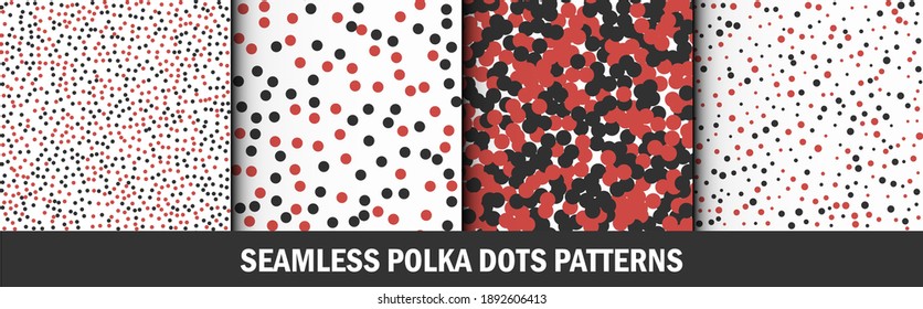 Set of multicolored polka dots patterns. Graphic stylish seamless vector backgrounds. Collection of classic red and black colored patterns for fabric, textile, wrapping etc.