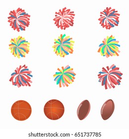 Set of multicolored pom-poms. Basketball and football balls. Vector illustration.