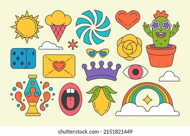 Set multicolored pop art contoured graphic elements decorative design groovy sticker vector cartoon illustration. Collection psychedelic scream mouth, envelope, crown, lemon, rainbow, cactus character