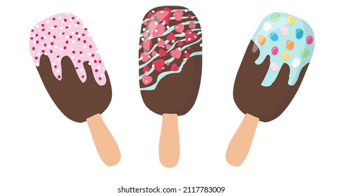 A set of multi-colored popsicle ice cream in chocolate and with beautiful multi-colored icing and sprinkles. Vector illustration