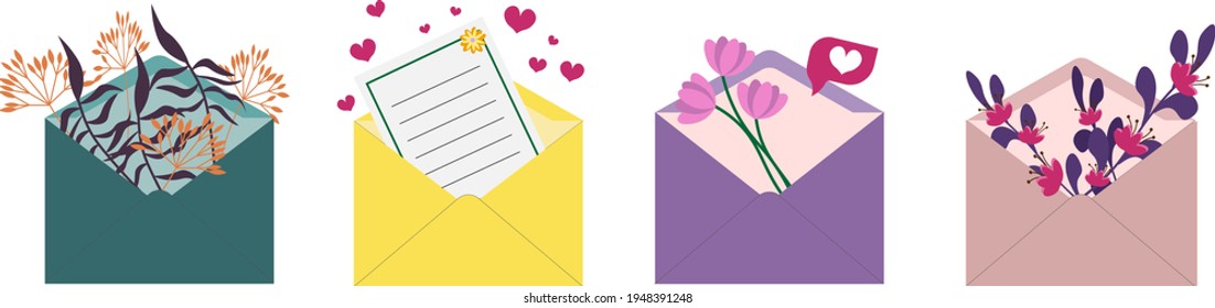 Un conjunto de sobres postales multicolores y ramos de flores. Elementos vectores para uso en postales, decoración y diseño, invitaciones, volantes, ilustraciones.