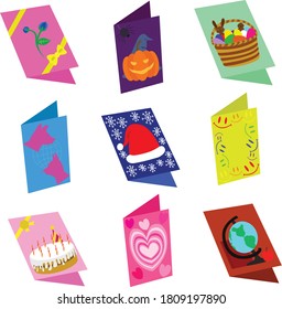 Set of multicolored postcards with image dedicated celebration on vector