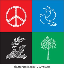 Set of multicolored posters for International Peace Day. Vector illustration with famous symbols like dove with twig, hippie logo, tree and spikelets