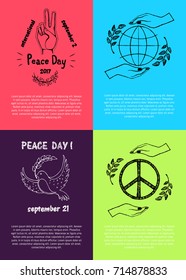 Set of multicolored posters for International Peace Day. Vector illustration with famous symbols like dove with twig, hippie logo, globe and spikelets
