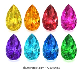 Set of multicolored precious stones in the form of drops on a white background. Vector illustration.