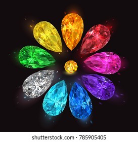 Set of multicolored precious stones in the form of drops on a black background. Vector illustration.