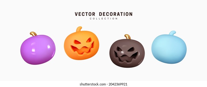 Set of multi-colored pumpkins for Halloween. Pumpkin with scary, evil emotions on their faces. Creative concept idea. Realistic 3d design. Traditional element of decor for holiday. Vector illustration