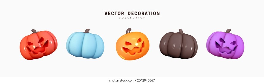 Set of multi-colored pumpkins for Halloween. Pumpkin with scary, evil emotions on their faces. Creative concept idea. Realistic 3d design. Traditional element of decor for holiday. Vector illustration