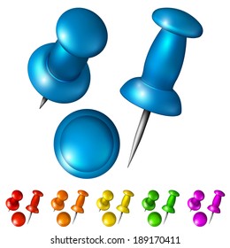 Set of multicolored pushpins on a white background