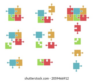 A set of multi-colored puzzles, assembled and disassembled, together and separately, blue, yellow, red, green. Vector illustration, flat cartoon color minimal design isolated on white background, eps 