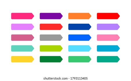A set of multicolored rainbow vector labels signs bookmarks stickers in the form of rectangles arrows isolated on white background.Purple,violet,pink,blue,green,yellow,orange,red,grey colors.