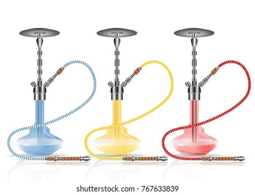 Set multicolored realistic hookahs, vector illustration. Blue, yellow and red glass oriental smoking attribute detailed with a mirror reflection isolated on white background