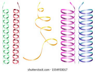 Set of multi-colored realistic serpentine. Spiral foil tape on white background. Vector illustration of 3d design for holiday cards, wrapping paper, decorations, decor.