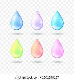 Set of multicolored realistic style water drop in vector. 3d realistic vector illustration. Glitter water drop of blue, turquoise, pink, purple, green with effects isolated on transparent background.