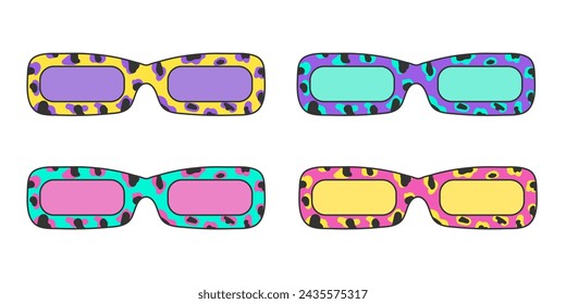 Set of multicolored retro hippy sunglasses with leopard print isolated on white background. Neon stickers in 70s style, groovy psychedelic vector vintage elements, bright colors.