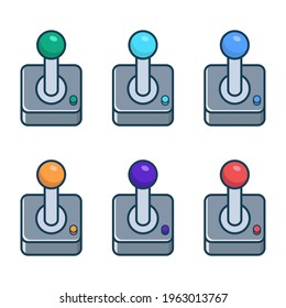 A set of multicolored retro joysticks for playing on a computer and consoles. Vintage video game joypad icons. Vector illustration on white isolated background in flat line style.