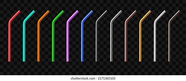 Set of multicolored reusable metal drinking straws. Realistic vector illustration isolated on transparent background.