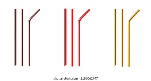 Set of multicolored reusable metal drinking straws. Realistic vector illustration isolated on transparent background.