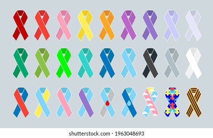 Set of multicolored ribbons awareness sticker. Vector stock illustration. 
