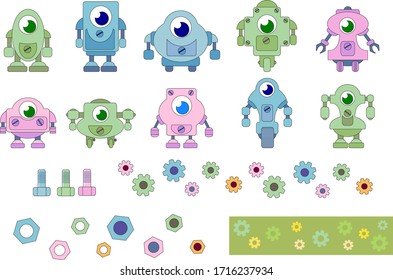 Conjunto de robots y engranajes multicolores.