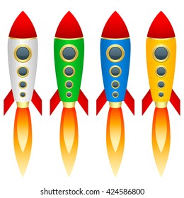 Set of multicolored rockets. Isolated objects. White background. Vector Image.