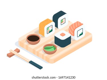 Set of multi-colored rolls, soy sauce and wasabi on a wooden board. Nearby on a stand lie chopsticks. Vector isometric isolated illustration on a white background.