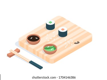 Set of multi-colored rolls, soy sauce and wasabi on a wooden board with sesame seeds. Nearby on the stand are chopsticks. Vector isometric isolated illustration on a white background.