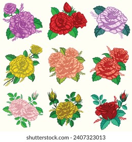 Set of Multicolored Rose Flowers Bouquet