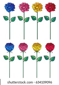 Set of multicolored roses on white background. Graphic technique is engraving.