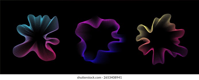 Set of multicolored round abstract sound dots wave oscillations. Sound curve. Digital equalizer. Colorful neon template for music poster and banner. Vector radial spectrum.