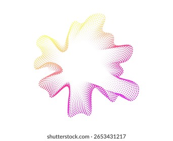 Ein Satz mehrfarbiger runder abstrakter, schallleuchtender Wellenvibrationspunkte. Schallkurve. Digitaler Entzerrer. Farbiger Neonkreis für Musikposter und Banner. Radiales Vektorspektrum.