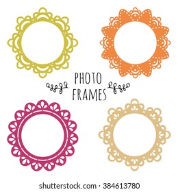 Set of of multicolored round photo frame with an openwork design. Vector illustration.