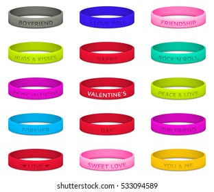 Set of multicolored rubber wristbands for Valentines Day. Vector illustration.