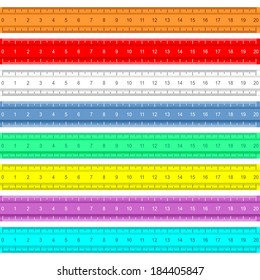 Set of multicolored rulers on a white background.