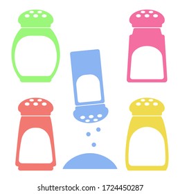 A set of multi-colored salt shakers isolated on a white background. Simple flat vessels for pepper and salt