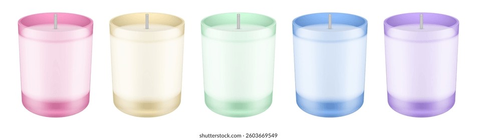 Set of multicolored scented candles in glass holders. Candle in a jar	