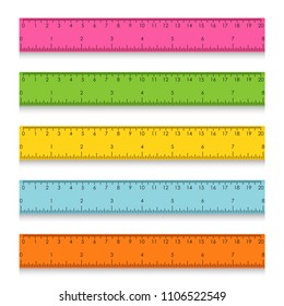 Set of multicolored school measuring rulers with centimeters and inches. Vector illustration