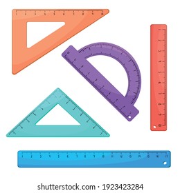 Conjunto de gobernantes escolares multicolores aislados en el fondo blanco. Ilustración vectorial plana. Protractor, gobernantes, gobernantes triangulares con escala


