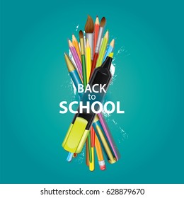 A set of multi-colored school supplies. Ready design "Back to school." Vector illustration with pencils, pen and brushes for drawing. Multicolored objects. Set.