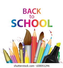 A set of multi-colored school supplies. Ready design "Back to school." Vector illustration with pencils, pen and brushes for drawing. Multicolored objects. Set.