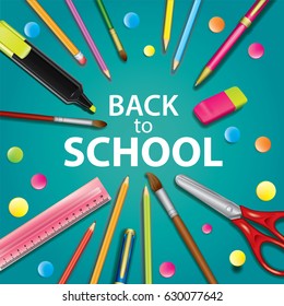 A set of multi-colored school supplies. Ready design "Back to school." Vector illustration with pencils, ruler, scissors and eraser, pen and brushes for drawing. Multicolored objects. Set.