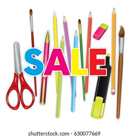 A set of multi-colored school supplies. Ready design "Back to school." Vector illustration with pencils, ruler, scissors and eraser, pen and brushes for drawing. Multicolored objects. Set.
