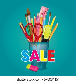 A set of multicolored school supplies. Ready design "Sale." Vector illustration with pencils, ruler, scissors and eraser, pen and brushes for drawing. Multicolored objects. Set. Stationery in a glass.