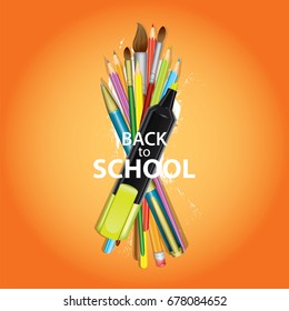 A set of multi-colored school supplies. Ready design "Back to school." Vector illustration with pencils, ruler, scissors and eraser, pen and brushes for drawing. Multicolored objects. Set.