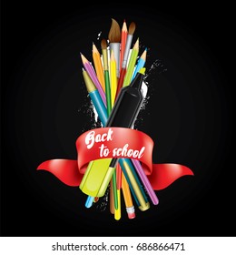 A set of multi-colored school supplies. Ready design "Back to school." Vector illustration with pencils, ruler, scissors and eraser, pen and brushes for drawing. Multicolored objects. Set.