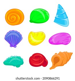 Reihe von mehrfarbigen Muscheln. Cartoon, Vektorgrafik für Kinder