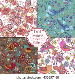 Set of Multicolored seamless patterns with birds, butterflies, flowers. Decorative ornament backdrop for fabric, textile, wrapping paper.