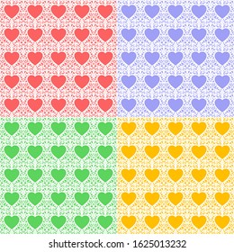 Set of multicolored seamless textures. Romantic background for Valentines Day's or wedding cards. Repeating paterns for wallpaper design, textile, wrapping paper. Vector illustration. 