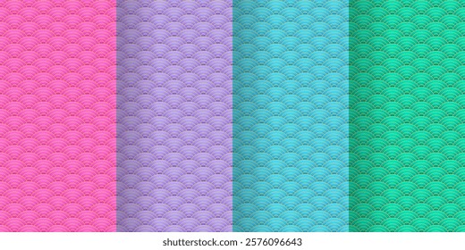 Set of multicolored seigaiha seamless patterns. Pink, purple, blue and teal green colors. Background with circles. Fish squama, dragon scale or waves. Geometric ornament	
